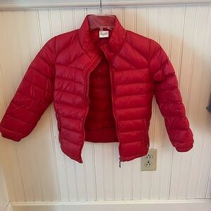 Red puffer jacket